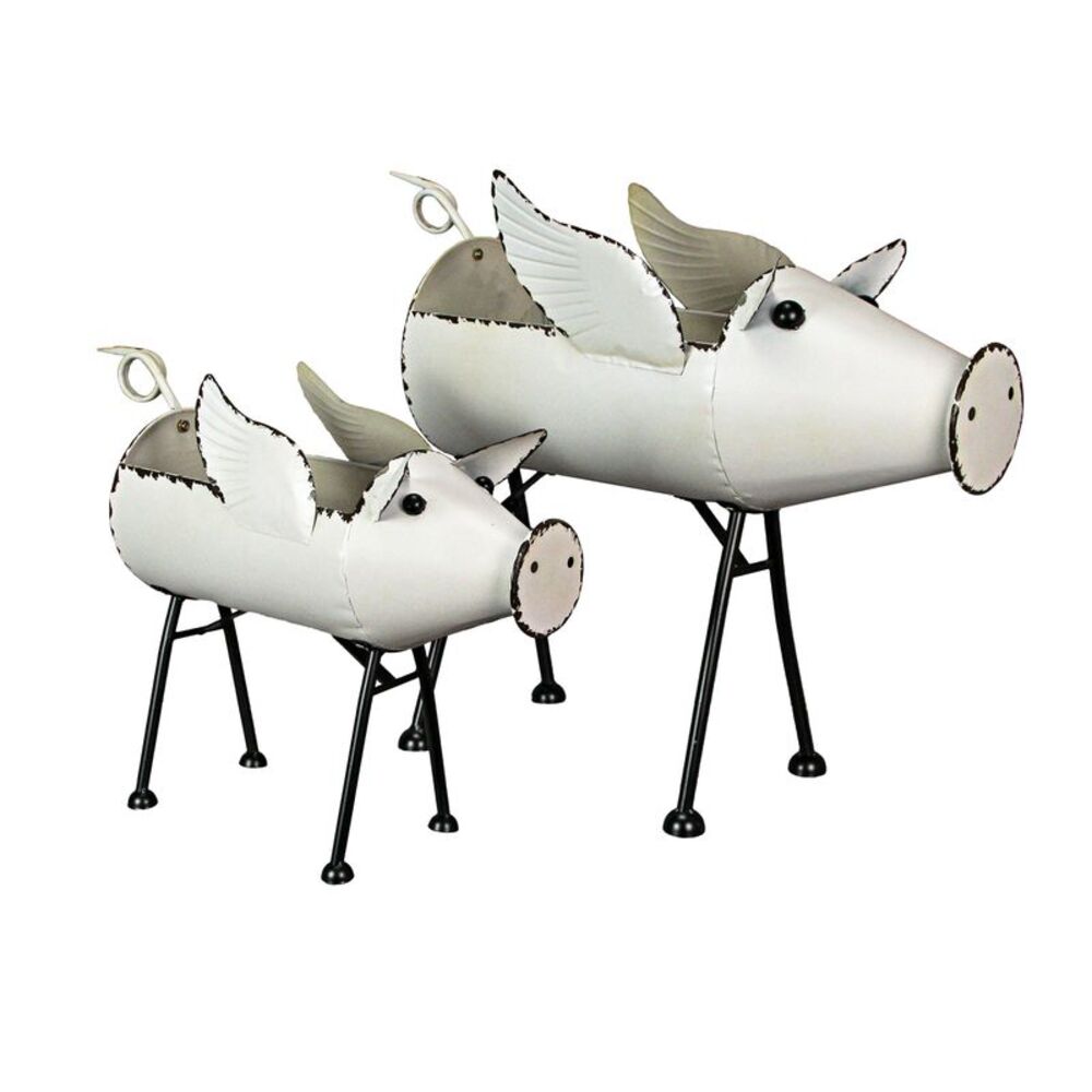 Set of 2 Rustic White Finish Metal Flying Pig Standing Planters